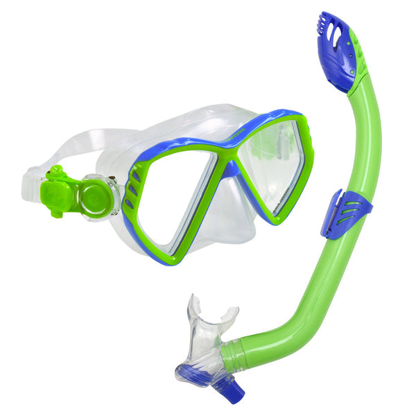 US Divers Kids Combos snorkeling set with blue and green mask and matching green snorkel.