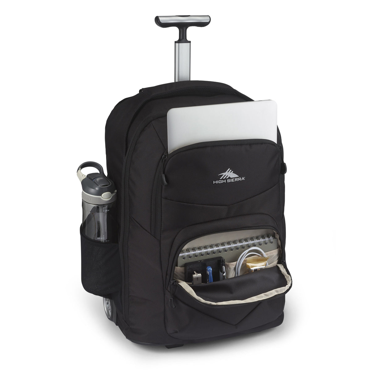 High Sierra Powerglide Pro rolling backpack in black with laptop, water bottle, and organized front pocket, extended handle.