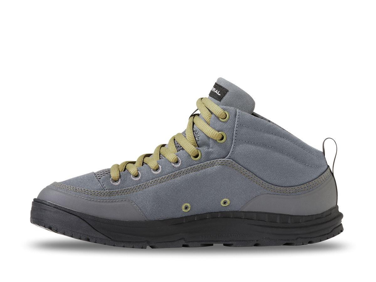 Astral Rassler mid-cut gray water shoe with olive laces and black sole, side view.