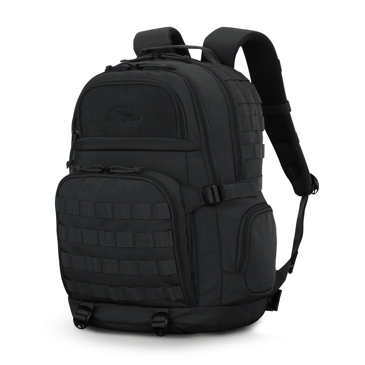 Black High Sierra Pathsetter Backpack with multiple compartments, MOLLE webbing, padded shoulder straps, and top handle.