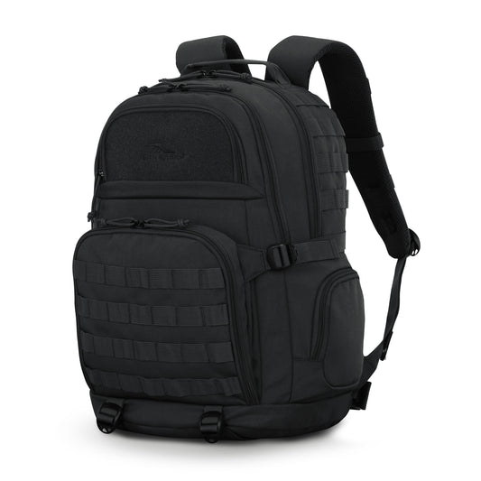 Black High Sierra Pathsetter Backpack with multiple compartments, MOLLE webbing, padded shoulder straps, and top handle.