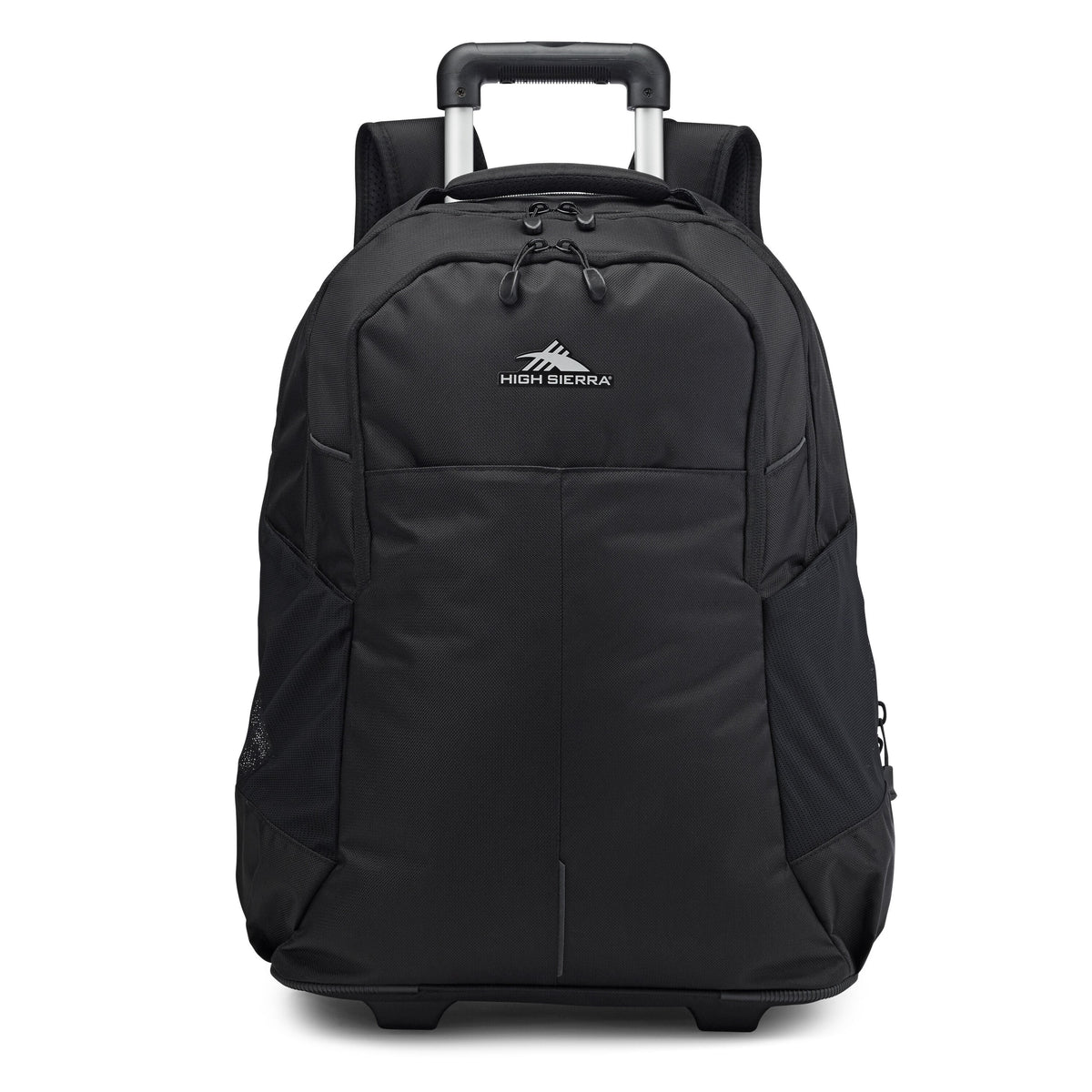 High Sierra Powerglide Pro black rolling backpack with retractable handle, mesh pockets, and zippers, front view.