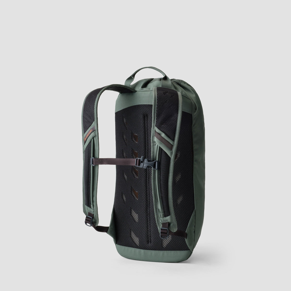 Gregory Nano 14 green backpack, back view with padded mesh panel, shoulder straps, and chest strap.