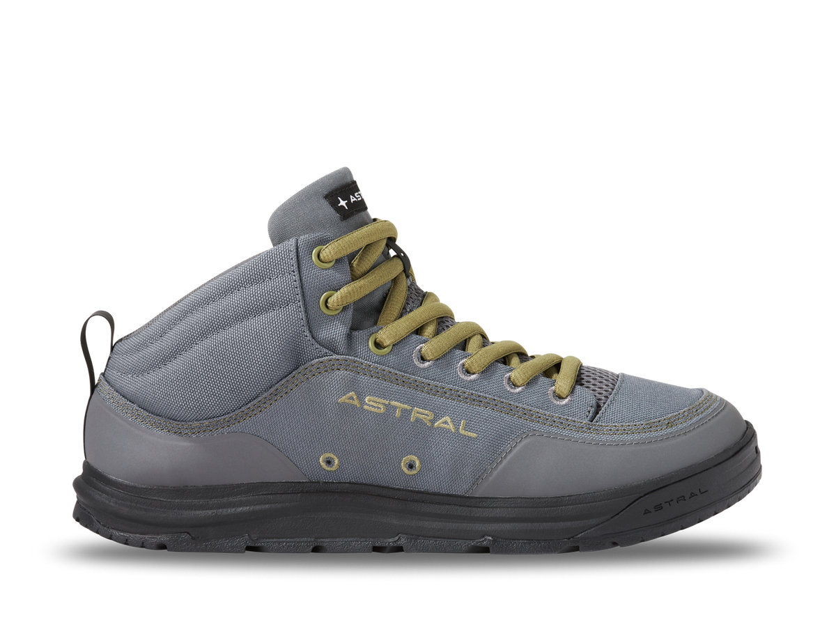 Astral Rassler mid-top water and trail shoe, grey with olive laces, durable construction, side view.