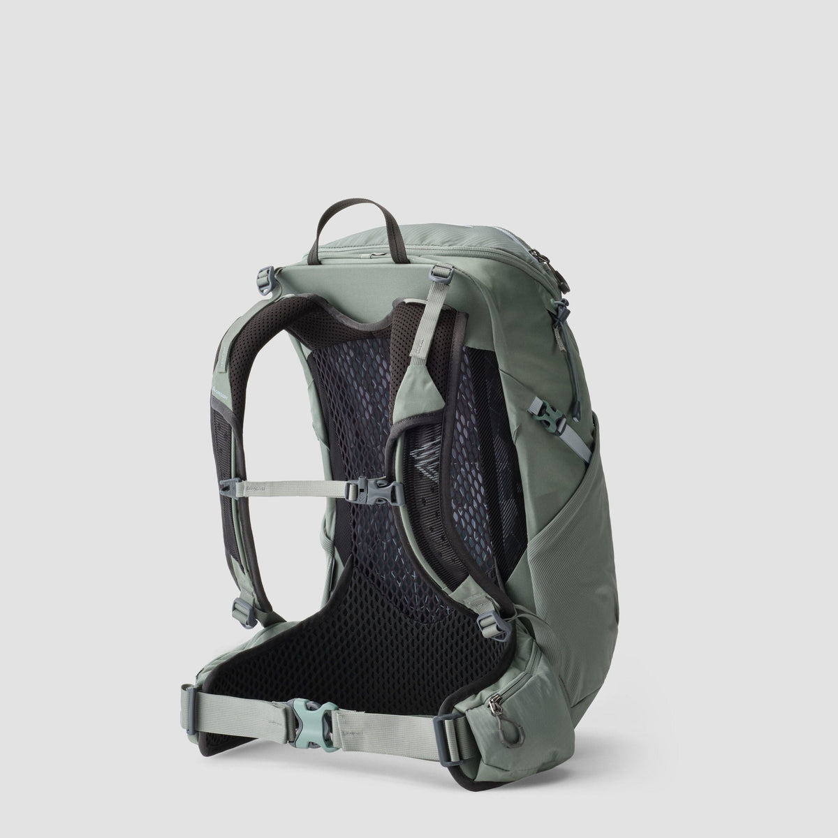 Gregory Jade 24 LT backpack in sage green, showing the back panel with mesh ventilation, shoulder straps, and hip belt.