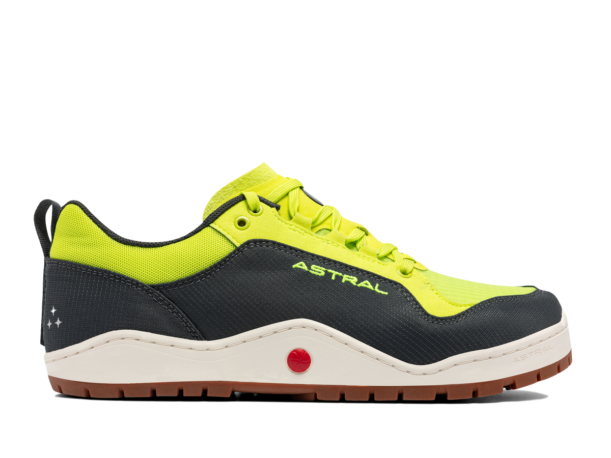 Nosobo | Astral shoe in bright lime green and dark grey, featuring a white midsole, brown rubber outsole, side view.