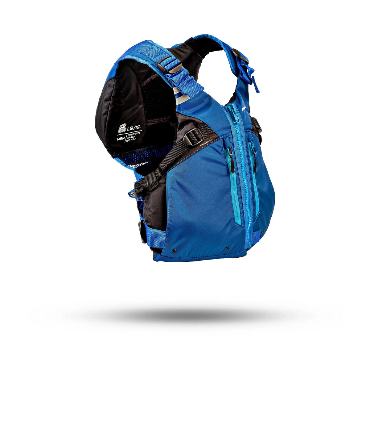 Stohlquist Trekker | Astral blue and black floating life vest with multiple zippered pockets and adjustable straps.