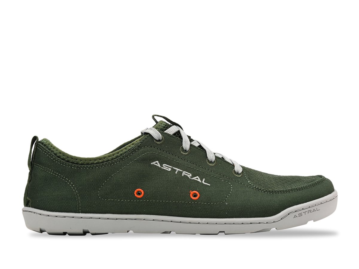 Astral Loyak M olive green men's water shoe with white laces, orange eyelets, and light grey sole on a white background.