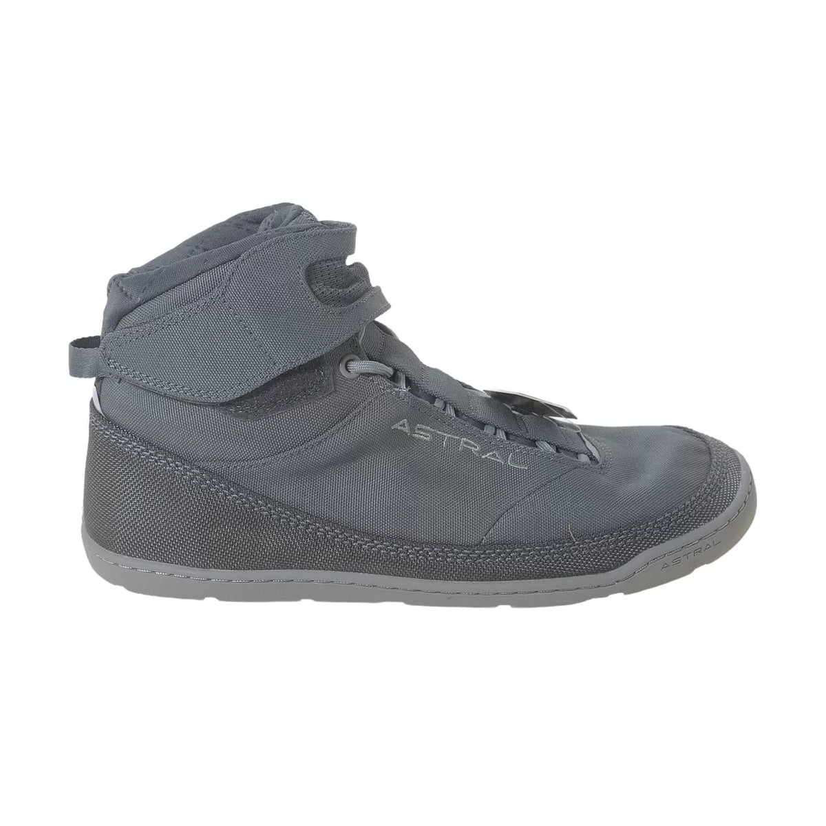 Astral Pigsah dark grey high-top water shoe with laces and ankle strap on a white background.