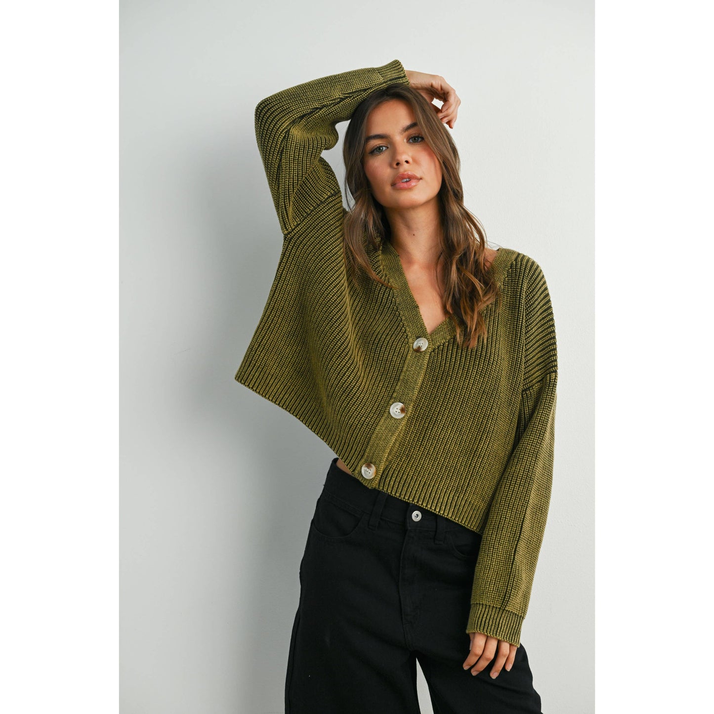 V-Neck Buttoned Ribbed Long Sleeve Cardigan - BMC7773